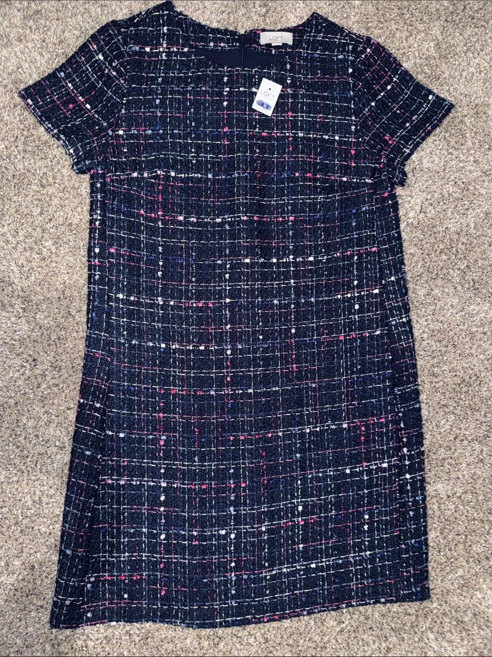 LOFT Navy Tweed Short-Sleeve Dress with Pink & White Accents